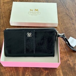 Coach Shiny Black Leather Wristlet with Silver Details